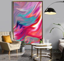 Living room with a colorful abstract painting, armchair, and coffee table.