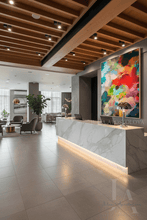A modern reception desk in a spacious lobby with a large, colorful abstract painting on the wall, wood ceiling beams, and light-colored floor tiles.