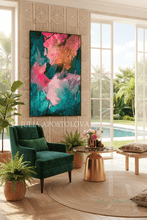 Teal Pink Wall Art Abstract Botanical Painting Maximalist Art Floral Print, Large Canvas Boho Decor