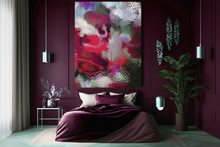 Modern bedroom with burgundy pink abstract painting on a dark purple wall. The artist of the painting is Julia Apostolova.