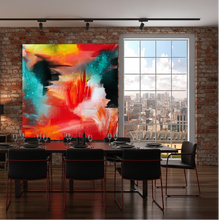 A modern dining room with large colorful abstract wall art canvas hanging above a black dining table and chairs. The canvas feature vivid brushstrokes of red, orange, yellow, teal, and black.