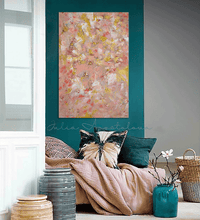 Coral Pink Original Painting with Rose Gold Leaf and Pastel Colors, hanging on dark teal walls over bed with coral pink bedding sheets in boho bedroom decor.  Elegant Wall Art Gift For Her 