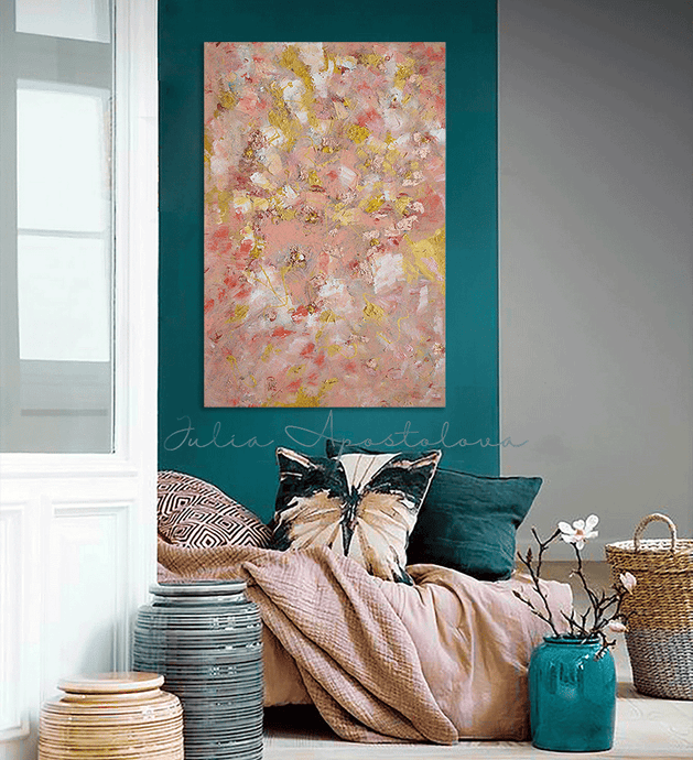 Coral Pink Original Painting with Rose Gold Leaf and Pastel Colors, hanging on dark teal walls over bed with coral pink bedding sheets in boho bedroom decor.  Elegant Wall Art Gift For Her 