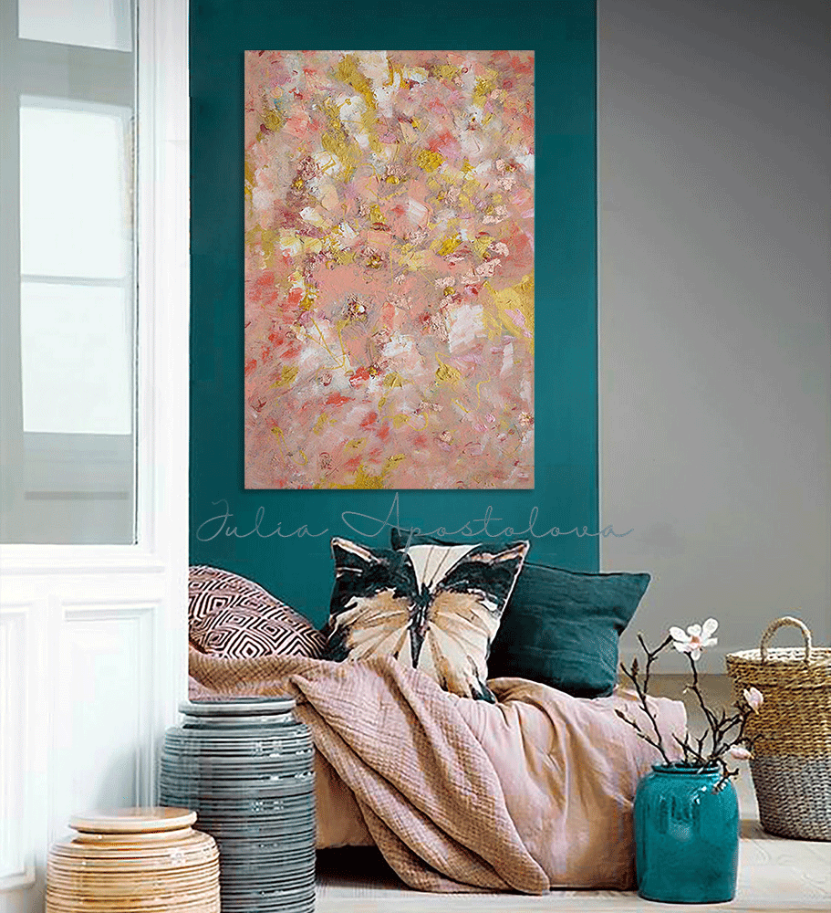 Coral Pink Original Painting with Rose Gold Leaf and Pastel Colors, hanging on dark teal walls over bed with coral pink bedding sheets in boho bedroom decor.  Elegant Wall Art Gift For Her 
