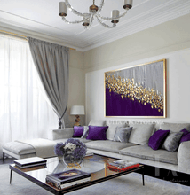 Dark Purple Gold Leaf Abstract Painting, Large Minimalist Wall Art Canvas, Modern Decor