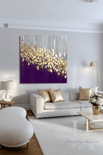 Dark Purple Gold Leaf Abstract Painting, Large Minimalist Wall Art Canvas, Modern Decor