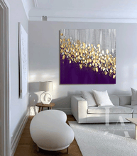 Dark Purple Gold Leaf Abstract Painting, Large Minimalist Wall Art Canvas, Modern Decor