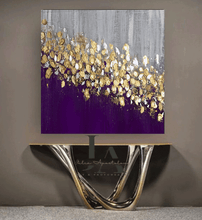 Dark Purple Gold Leaf Abstract Painting, Large Minimalist Wall Art Canvas, Modern Decor