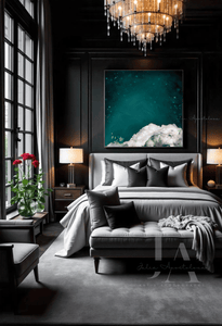 A modern and minimalist bedroom with a large abstract cloud painting on the wall, featuring dark teal sky, white clouds and stars. The room has a cozy serene atmosphere, with a modern  gray bed, dark furniture, and natural elements like a vase with flowers. A large window overlooking a garden, a gray velvet sofa with cushions and fur, and a a gray arm chair next to it