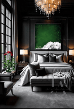 A modern and minimalist bedroom with a large abstract cloud painting on the wall, featuring dark emerald green sky, white clouds and stars. The room has a cozy serene atmosphere, with a modern gray bed, dark furniture, and natural elements like a vase with flowers. A large window overlooking a garden, a gray velvet sofa with cushions and fur, and a a gray arm chair next to it