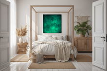 Modern bedroom with a four-poster bed, green abstract painting, and plants.