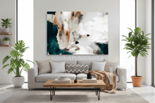 Living room with a gray sofa, wooden coffee table, and a large abstract floral painting.