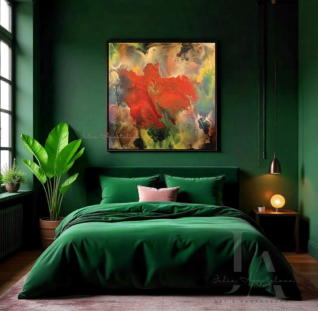 A chic contemporary bedroom space featuring a bold contrast of colors and textures. The focal point is a large floral painting of a red flower on the wall, and gold, green, brown colors, a dark green velvet bed, exuding luxury and comfort , adorned with decorative cushions. The floor is covered with an intricate, muted-tonal plaid carpet in beige hues, complementing the rich color palette. The dark green walls add a sense of modern sophistication, creating a perfect balance between boldness and refinement. 