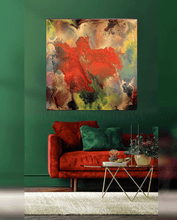 A chic contemporary livingroom space featuring a bold contrast of colors and textures. The focal point is a large floral painting of a red flower on the wall, and gold, green, brown colors, a dark red velvet sofa, exuding luxury and comfort , adorned with decorative cushions. The floor is covered with a muted beige carpet, complementing the rich color palette and there is a gold low table. The dark green walls add a sense of modern sophistication, creating a perfect balance between boldness and refinement. 