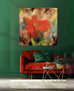A chic contemporary livingroom space featuring a bold contrast of colors and textures. The focal point is a large floral painting of a red flower on the wall, and gold, green, brown colors, a dark red velvet sofa, exuding luxury and comfort , adorned with decorative cushions. The floor is covered with a muted beige carpet, complementing the rich color palette and there is a gold low table. The dark green walls add a sense of modern sophistication, creating a perfect balance between boldness and refinement. 