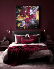 Dark berry bedroom with floral abstract painting above the bed