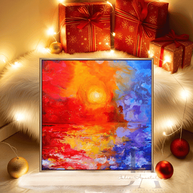 Colorful abstract painting on a stand with Christmas decorations around