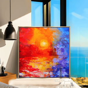 Colorful abstract sunset painting in a modern room with large windows