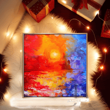 Framed abstract painting with warm colors surrounded by decorative lights and gift boxes.