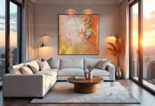 Modern living room with a light gray sectional sofa, a large gold copper abstract painting on a wall, coffee table, and floor-to ceiling windows with cityscape view during sunset.