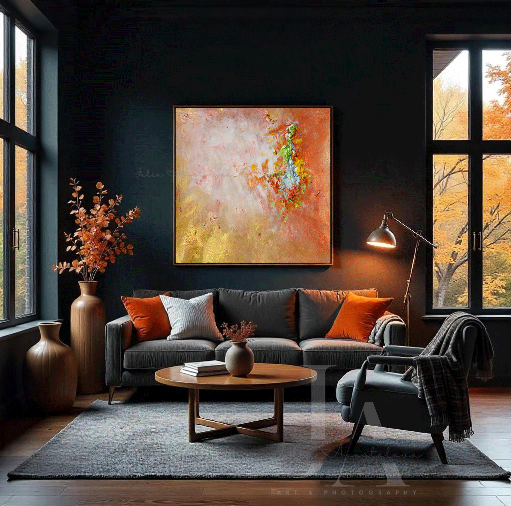 Cozy living room with a gray sofa, round wooden coffee table, and gold copper abstract painting on the wall.