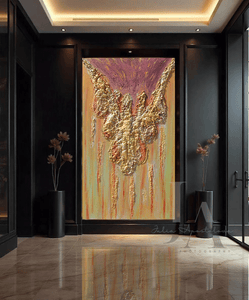 A large golden necklace-like sculptured original wall painting, with intricate patterns, 3d unique relief textures, gold and copper color scheme, displayed prominently in a dark, luxurious hallway interior with marble floors and walls.