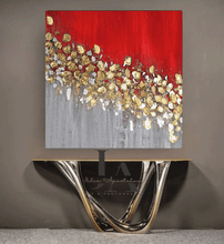 Red Gold Silver Abstract Painting, Large Minimalist Wall Art, Unique Gold Leaf Canvas Modern Decor