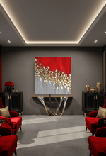 Red Gold Silver Abstract Painting, Large Minimalist Wall Art, Unique Gold Leaf Canvas Modern Decor