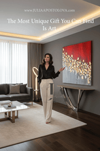 Red Gold Silver Abstract Painting, Large Minimalist Wall Art, Unique Gold Leaf Canvas Modern Decor