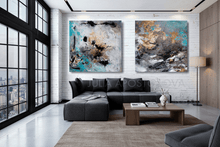 Extra Large Wall Art Set of Two Abstract Paintings 2 Canvas Prints Black Gold Teal Julia Apostolova