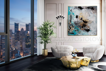Modern living room with city skyline view, god leaf abstract painting, and stylish decor.