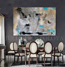 Large abstract canvas wall art hanging above a dining table in a dark dining room. The artwork features a textured, painterly composition in gray, white, black, beige, and turquoise blue.
