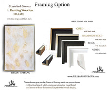 Framing options for a stretched canvas with floating wooden frame, including color choices and dimensions. Artist Julia Apostolova
