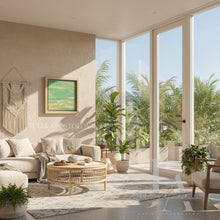 Modern living room with large windows, minimalist green framed painting, plants, and a view of palm trees.