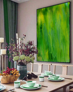 Green Abstract Painting Large Wall Art Canvas Print Green Wall Decor Minimalist Painting Minimal Art in dinning room setting 