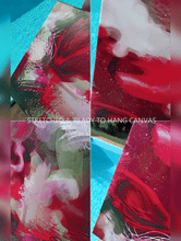 Three abstract canvas paintings with swirling burgundy pink, berry pink, sage green, and whitebrushstrokes, shown partially overlapping with a bright blue pool background. A text overlay reads 'STRETCHED & READY TO HANG CANVAS'.