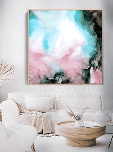 Abstract Painting Blush Pink Turquoise Teal Large Canvas Wall Art for Modern or Boho Wall Decor Ink Painting Extra Large Wall Art Boho Wall Art 'Mystical Poetry' by artist Julia Apostolova, Minimalist READY TO HANG Alcohol Ink Art, Tender color, romantic Painting, zen wall art, Contemporary Art, Abstract Art, Modern Art Decor, Original Painting, elegant art, floral wall art, abstract floral painting, abstract print, elegant decor, elegant wall art, living room decor, gift for her, nursery art, birthday gift