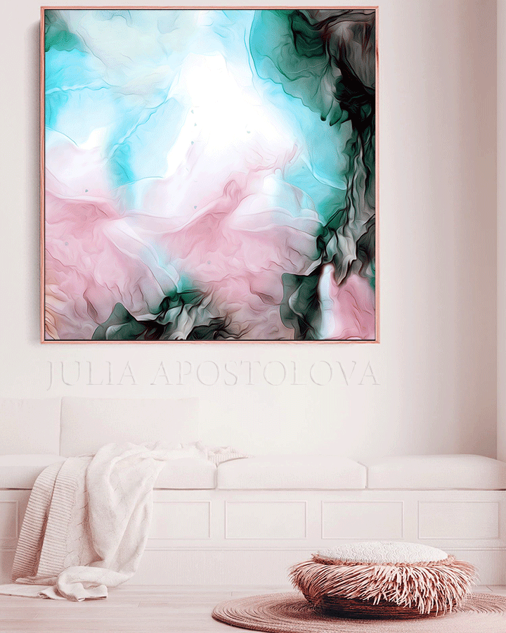 Abstract Painting Blush Pink Turquoise Teal Large Canvas Wall Art for  Modern or Boho Wall Decor