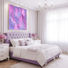 Elegant bedroom with a purple bed, white bedding, and purple pink abstract art on the wall.