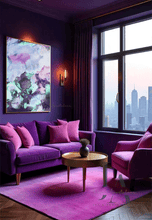 Modern living room with purple sofa, armchair, purple pink wall art and decor elements.