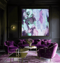 Luxurious living room with purple furniture and a large lilac pink abstract painting, by Julia Apostolova.