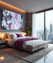 Modern bedroom with a large bed and a large colorful abstract painting  by artist Julia Apostolova, with purple, lilac, pink and turquoise colors, hanging over bed.
There is a purple blanket, on the bed, plant, two lights, and a large floor to ceiling windows, with gorgeous cityscape view.