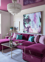 Modern living room with a purple sofa, chandelier, and colorful purple lilac artwork, by Julia Apostolova.