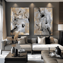 Gray Gold Black Wall Art Set, Gold Leaf Abstract Canvas Paintings 'Milky Way'(1&2), Julia Apostolova