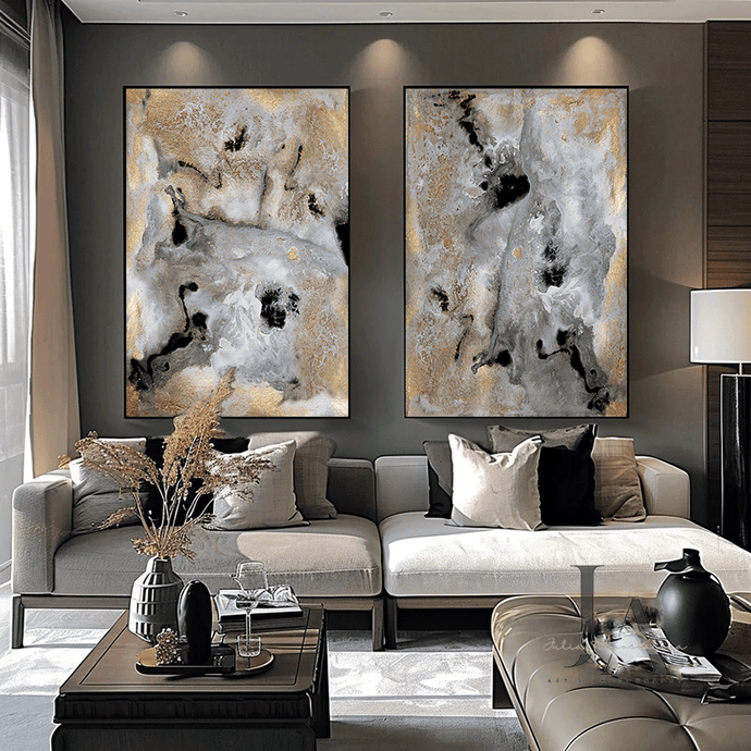 Gray Gold Black Wall Art Set, Gold Leaf Abstract Canvas Paintings 'Milky Way'(1&2), Julia Apostolova