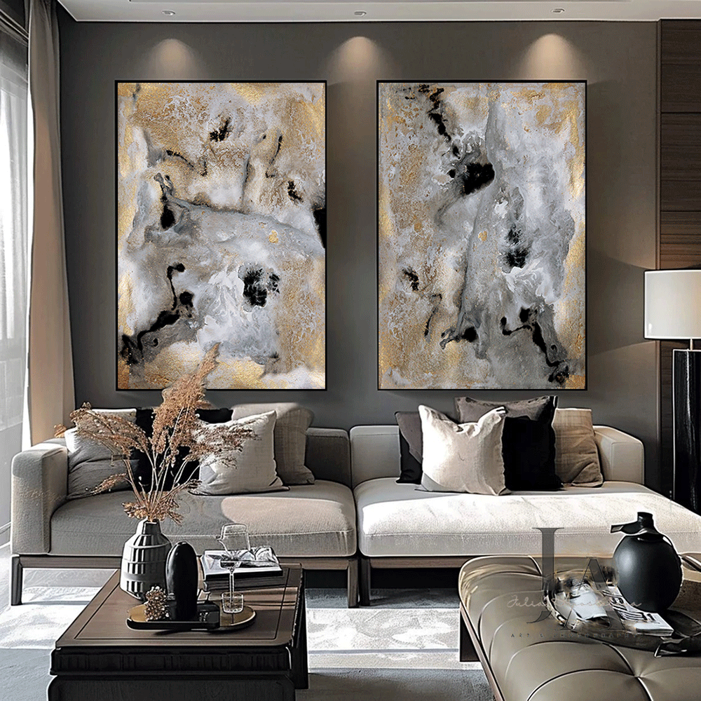 Gray Gold Black Wall Art Set, Gold Leaf Abstract Canvas Paintings 'Milky Way'(1&2), Julia Apostolova