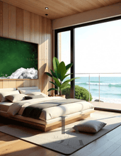 A modern and minimalist living room with a large abstract cloud painting on the wall, featuring dark emerald green sky, and a bit white fluffy clouds and stars in the one corner. The room has a cozy serene atmosphere, with a light beige-colored sofa, natural elements like a tree branch, and wooden furniture. A large window overlooking a beach, and there are tall plants in the corner, creating a cozy and elegant atmosphere.