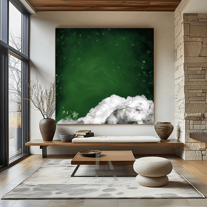 A modern and minimalist living room with a large abstract cloud painting on the wall, featuring dark emerald green sky, and a bit white fluffy clouds and stars in the one corner. The room has a cozy serene atmosphere, with a light beige-colored sofa, natural elements like a tree branch, and wooden furniture. A large window overlooking the garden, creating a cozy and elegant atmosphere.