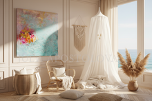 Cozy bedroom with a large abstract painting, chair, and decorative elements.