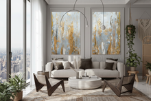 Gray Gold Original Wall Art Set – Gold Leaf Minimalist Paintings, Neutral Textured Modern Home Decor